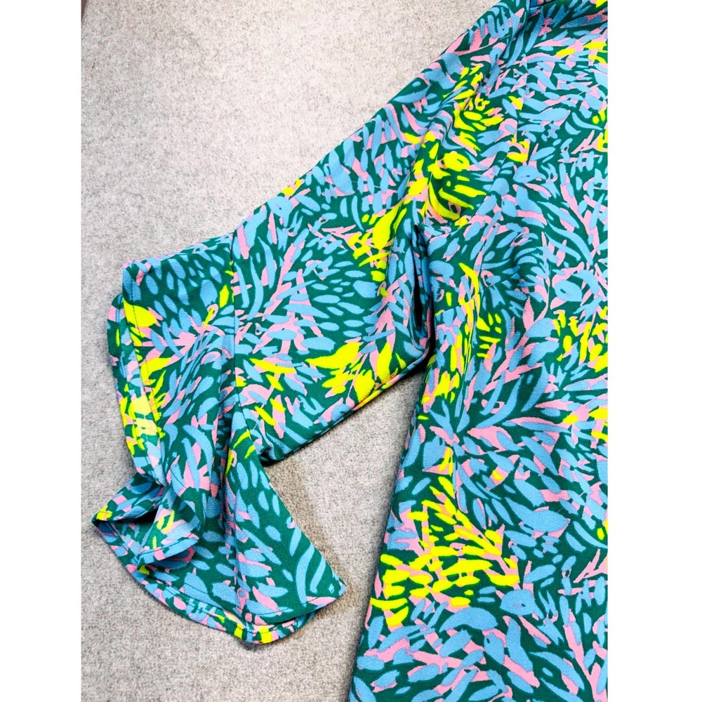 Mud Pie Womens L Tropical Print Shift Dress Ruffle Bell Sleeve Green Pink Yellow - Picture 4 of 10